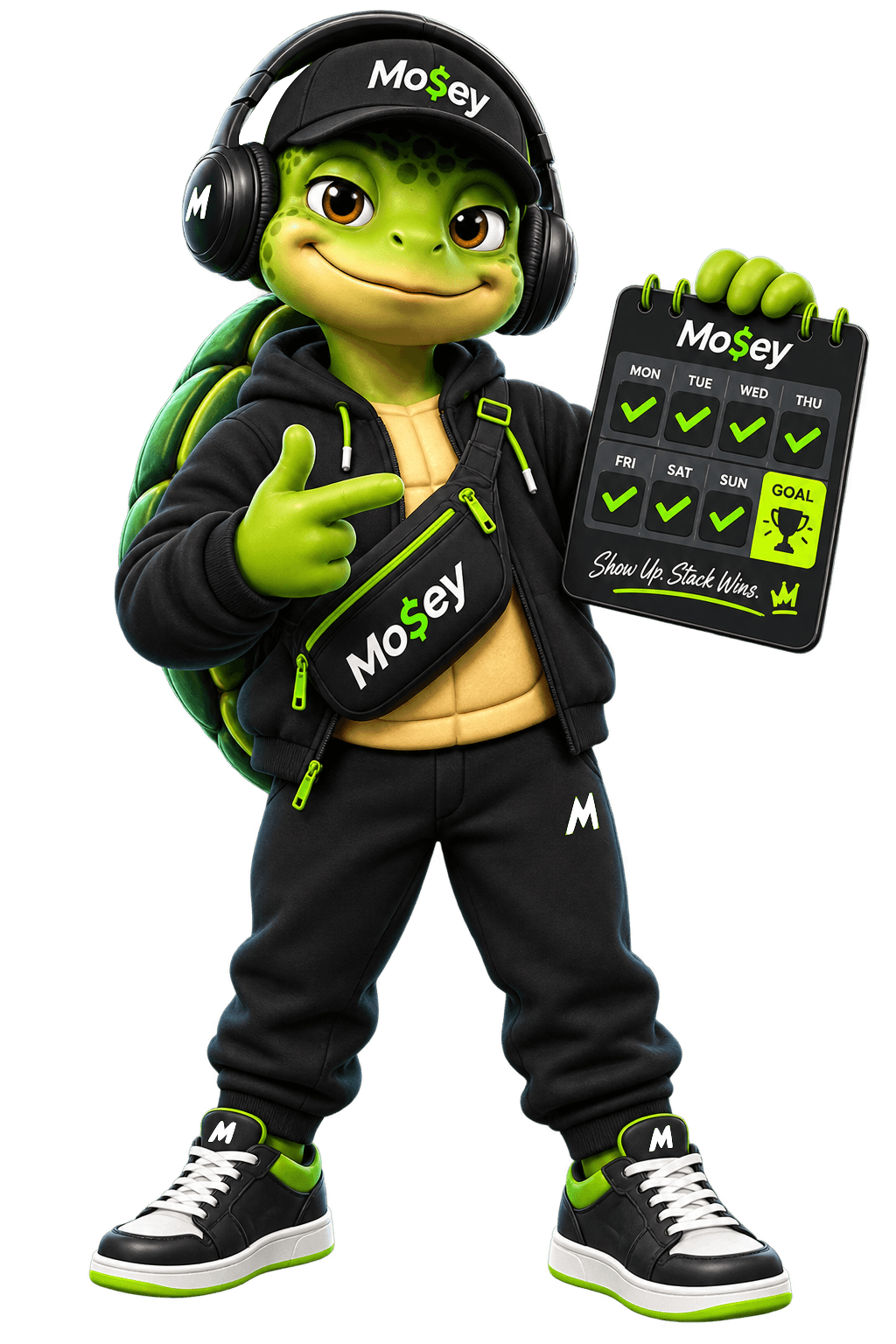 Mosey turtle mascot presenting a completed daily goal calendar