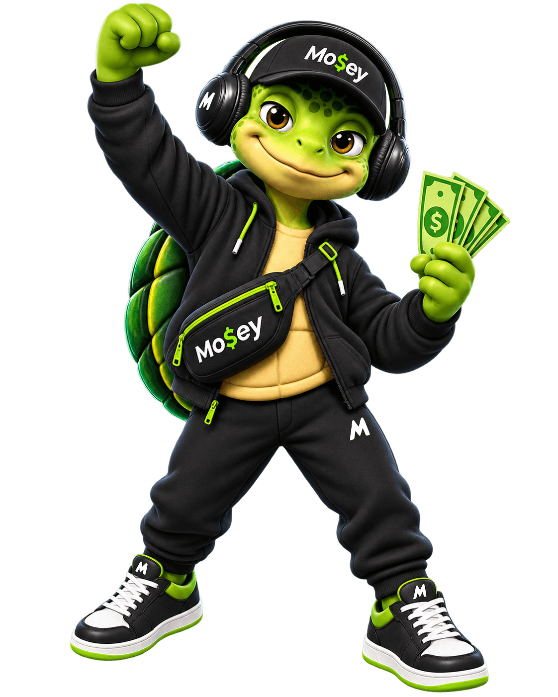 Mosey turtle mascot celebrating with animated prize money
