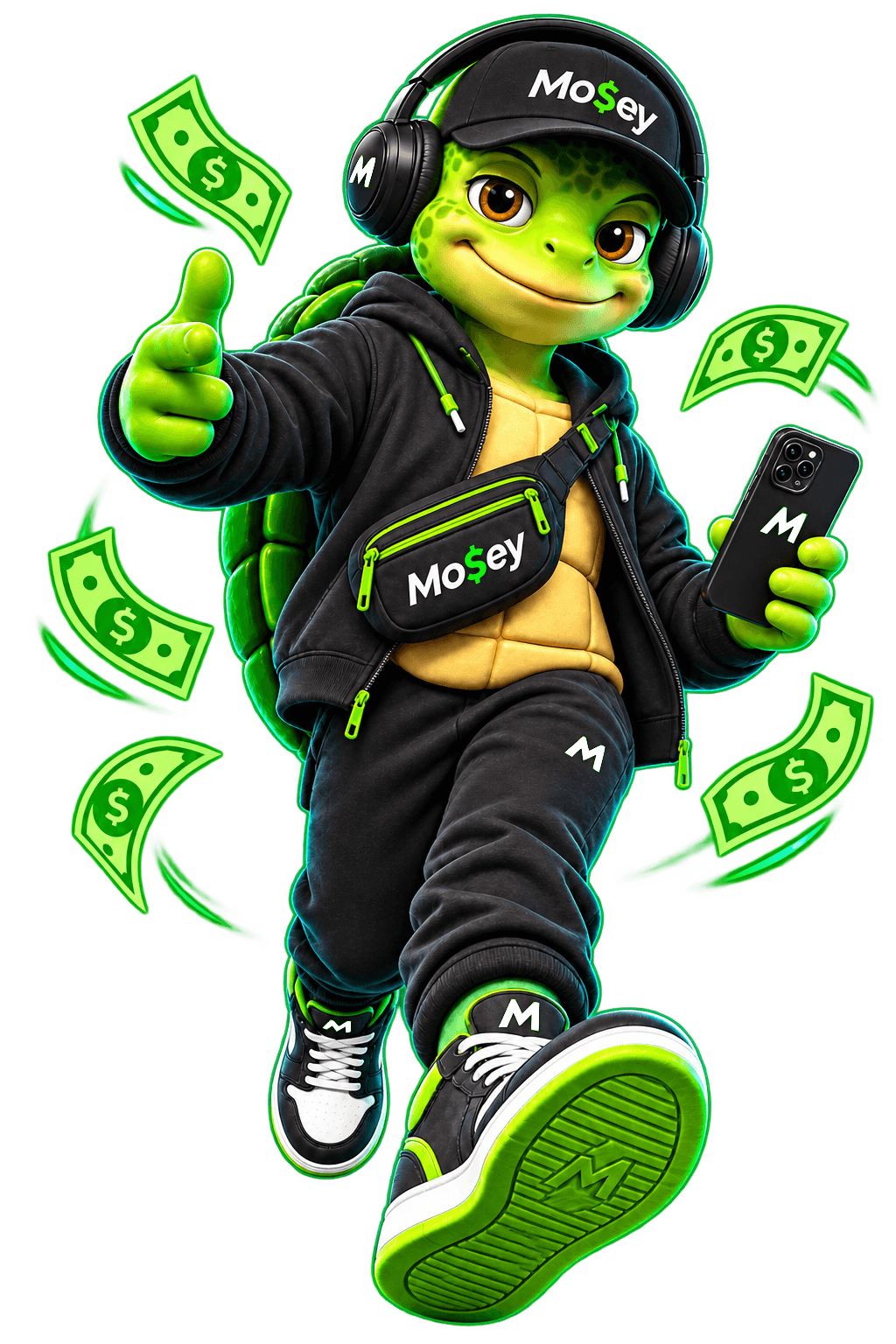 Mosey turtle mascot stepping forward with the Mosey app